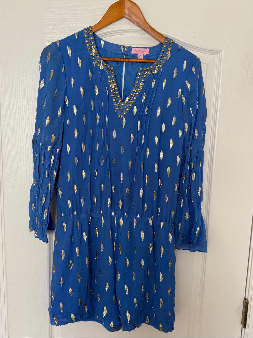 Lilly Pulitzer Ariele Silk Romper – Bennet Blue Gold Metallic Leaf 🌴✨